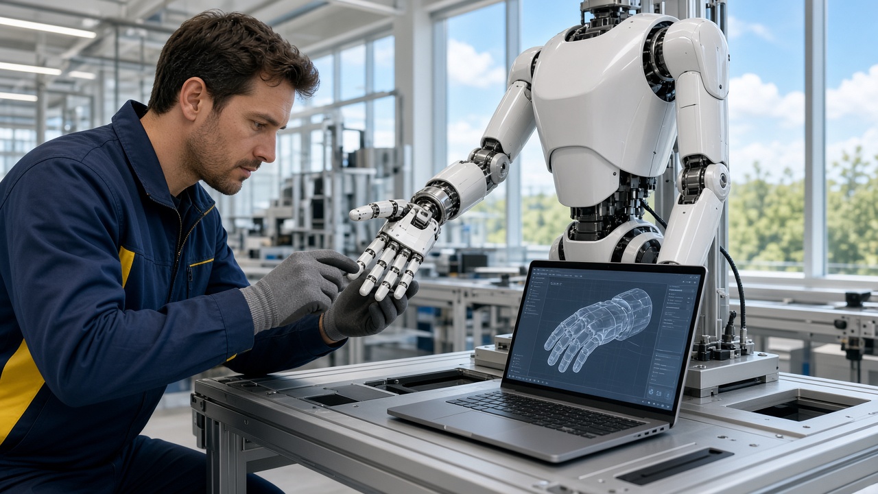 Technician calibrating a humanoid robot hand on a modern assembly line