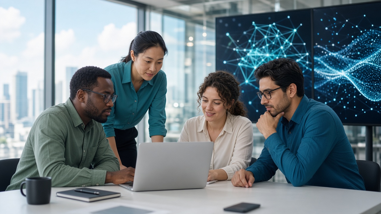 AI engineering team collaborating in a bright office