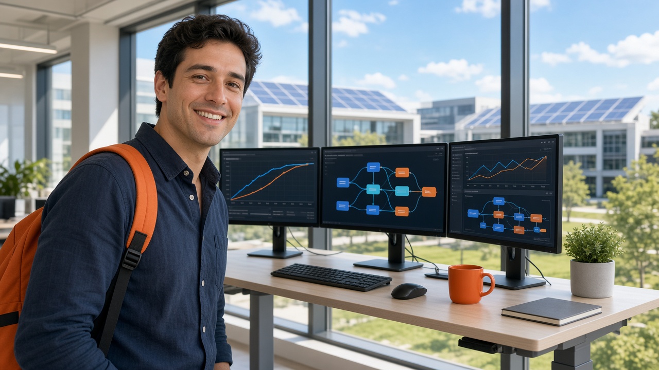 Smiling MLOps engineer at a standing desk with model training and pipeline monitors