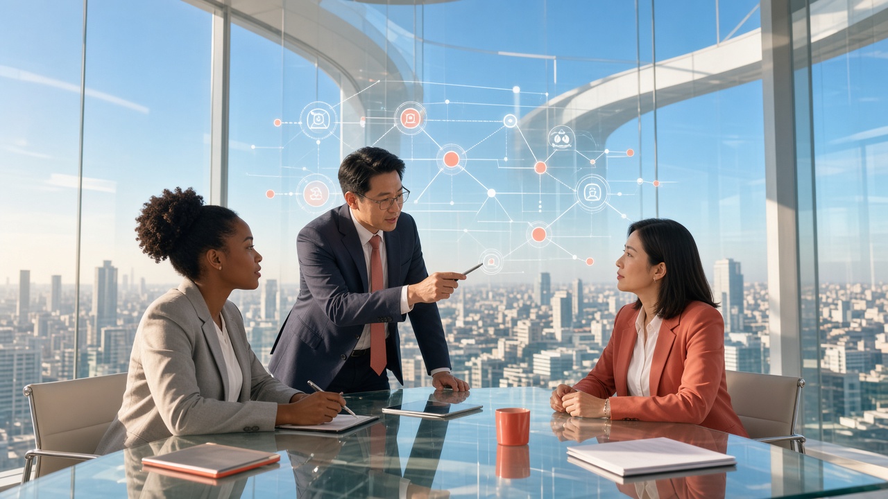 Three professionals around a glass table in a sunlit bank HQ with an AI workflow overlay