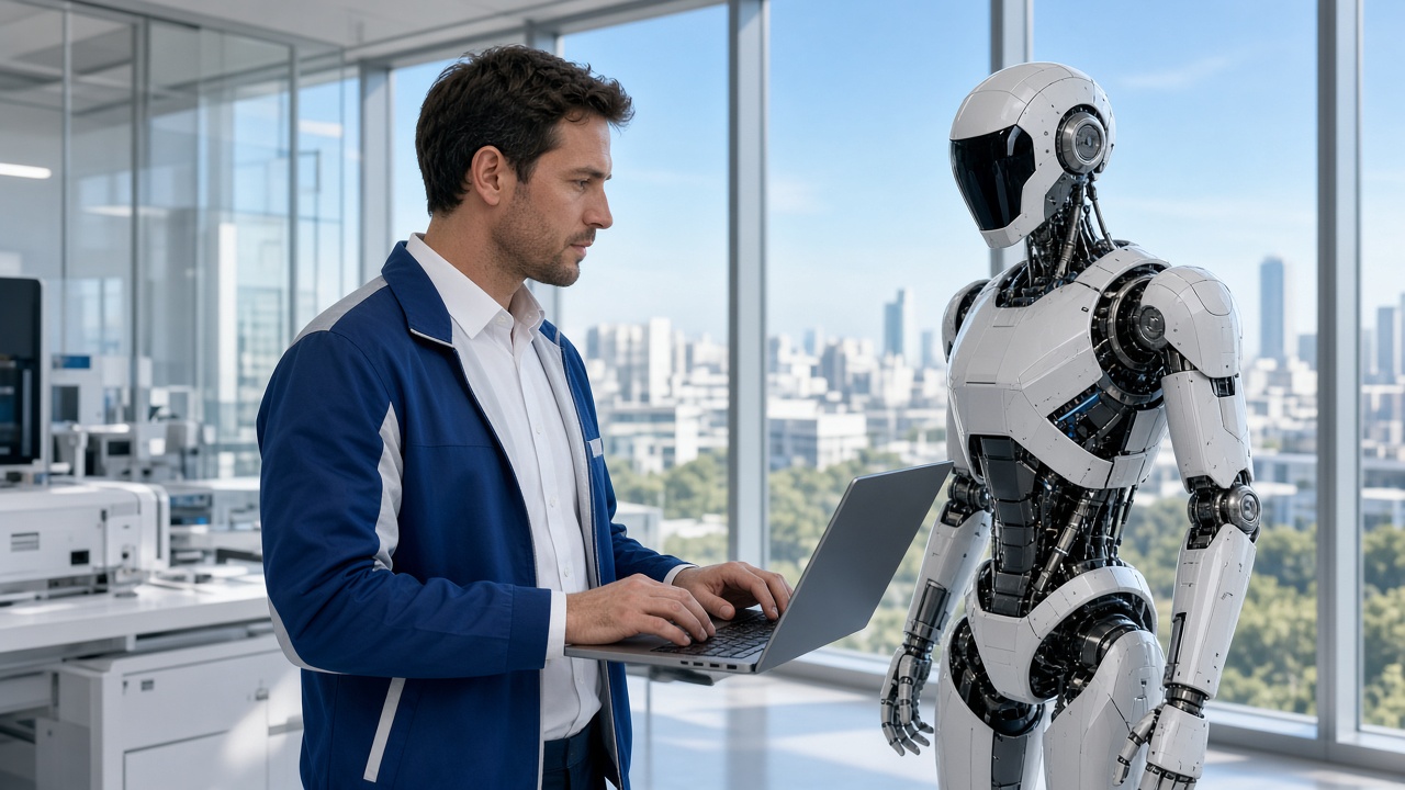Robotics engineer programming a humanoid robot in a bright lab