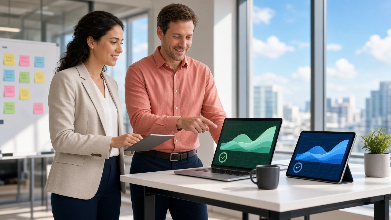 Two engineers reviewing passing AI evaluation results together