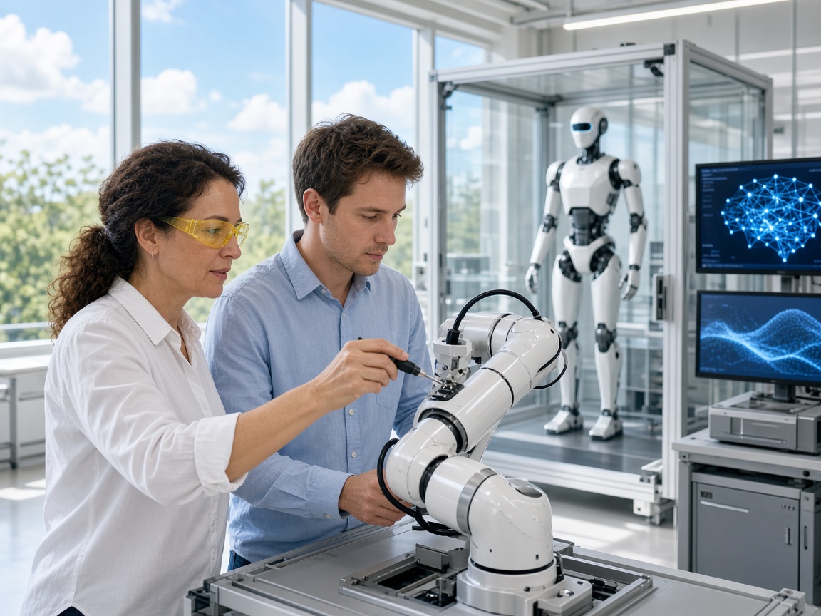 Engineers calibrating a white robotic arm in a bright AI and robotics lab with a humanoid robot in the test bay behind them