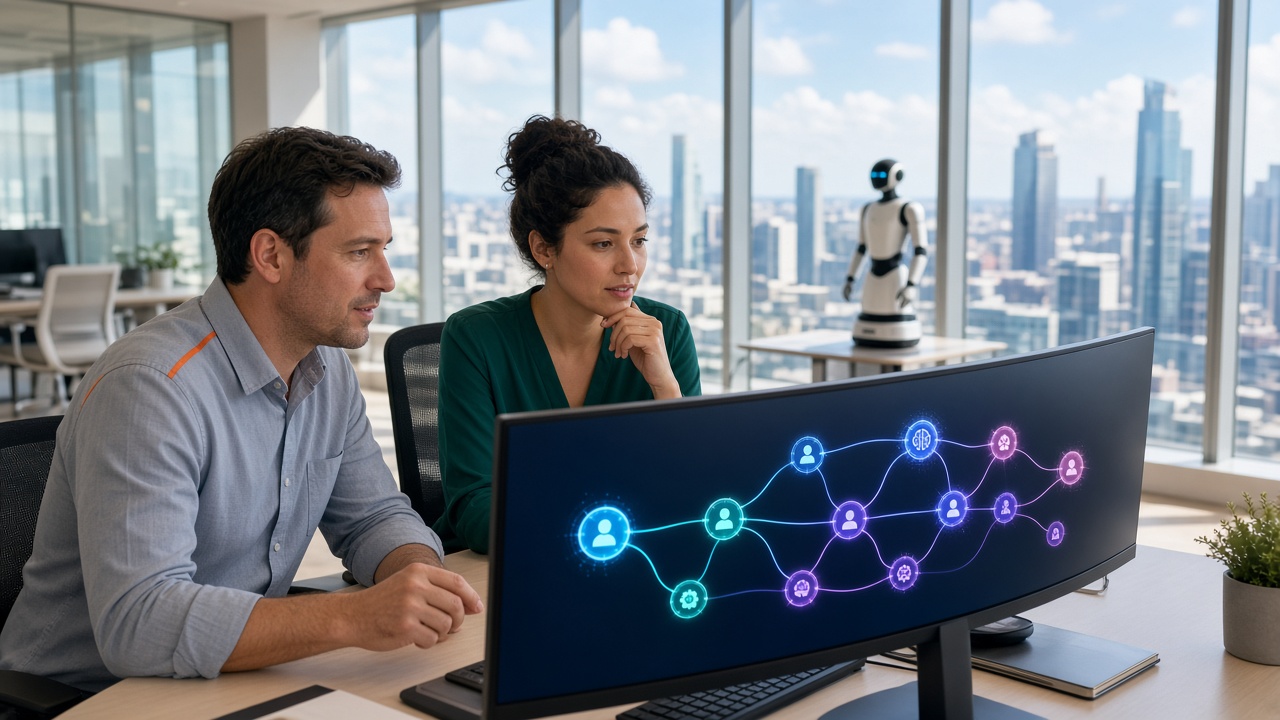Forward deployed engineer and customer analyst reviewing an AI agent workflow on a curved monitor in a sunlit city office