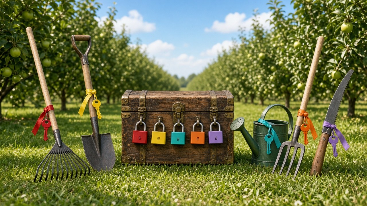 Wooden treasure chest with five coloured padlocks in a sunny orchard, each key hanging from a different garden tool