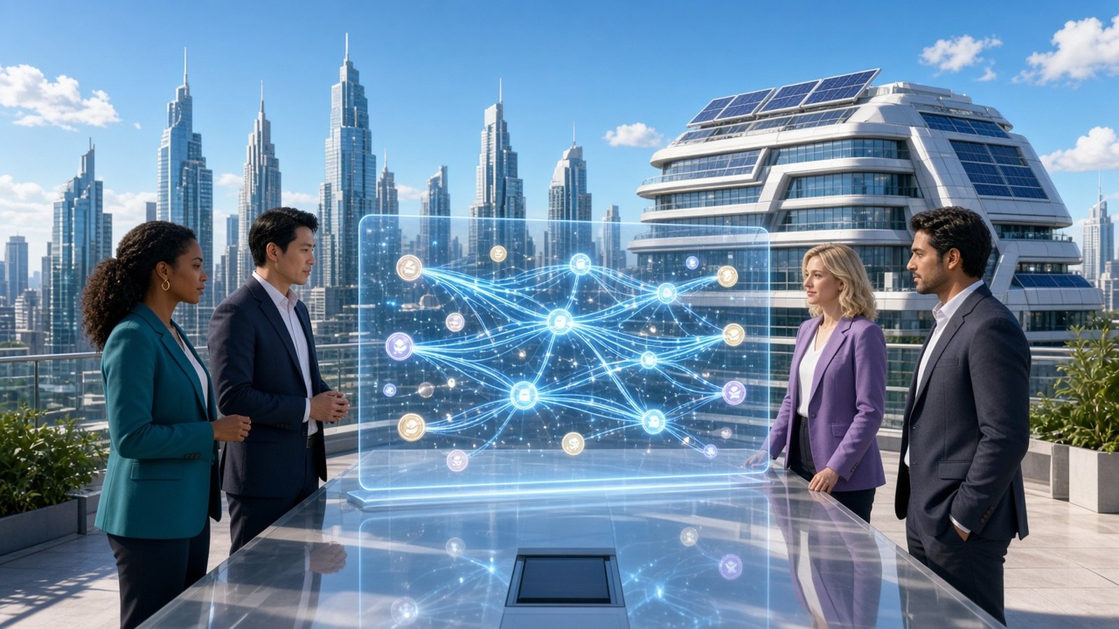 Business team on a sunny rooftop reviewing a holographic display of AI agent payment networks