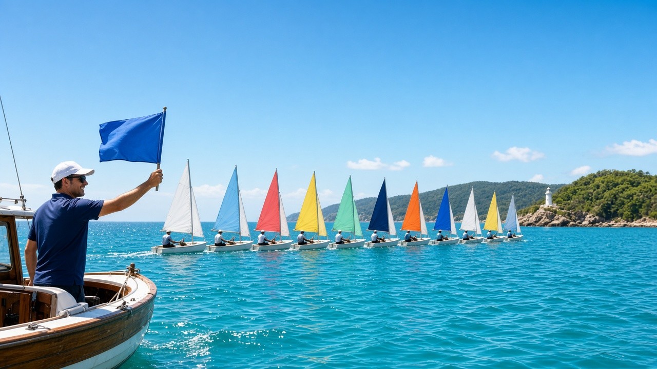 Identical white sailing dinghies with different coloured sails start a race across a sunny turquoise bay