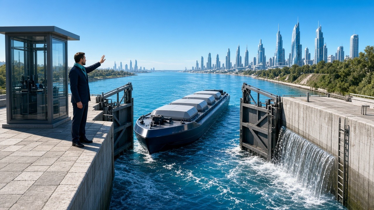 Lock keeper signalling an electric cargo boat through a sunlit canal lock toward a futuristic city