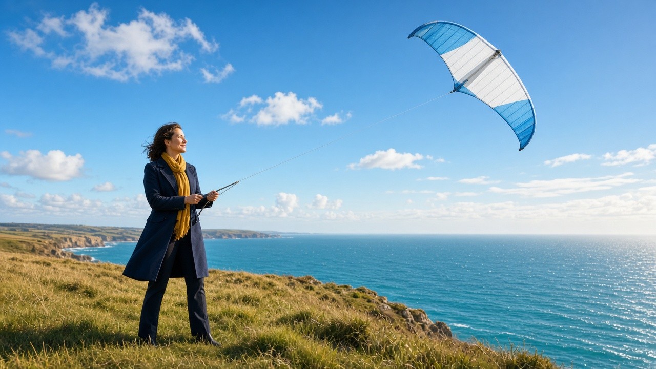 A professional woman on a sunny clifftop holding a taut line to a blue and white kite high over the sea