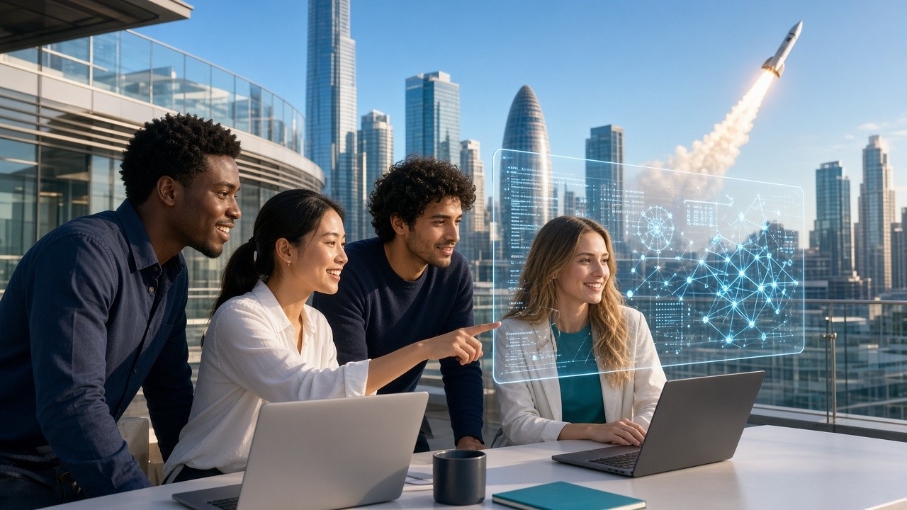 Young tech professionals collaborating on laptops on a sunny rooftop terrace with a futuristic city skyline and a rocket launch