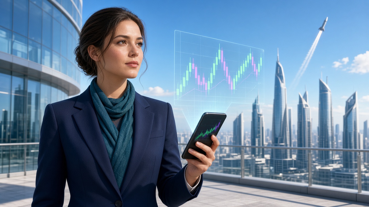 Professional checking a holographic trading chart on her phone above a sunny futuristic city skyline