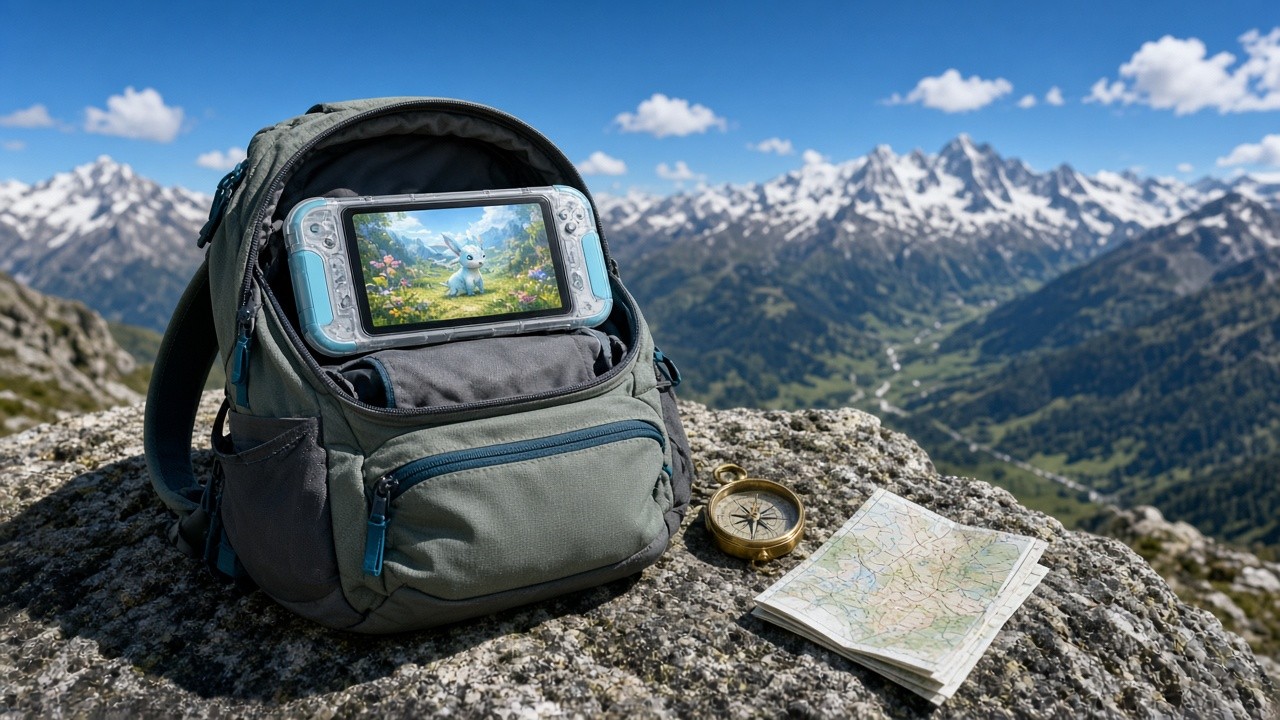 Hiking backpack on a sunny alpine ridge holding a handheld game console, with a compass and trail map