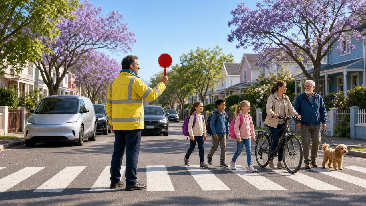 Crossing supervisor holding a red stop paddle while a small group crosses a sunny jacaranda-lined street together as cars wait