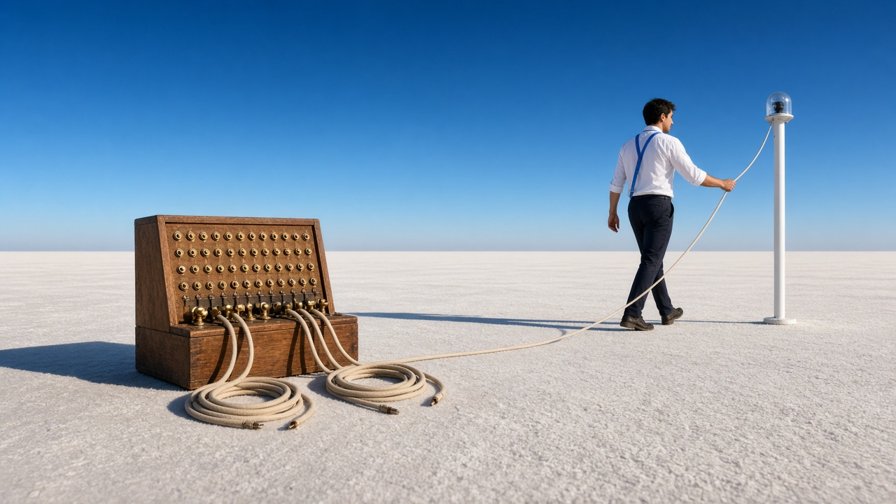 Engineer carrying a cable from an old telephone switchboard across a sunny salt flat to a modern sensor mast
