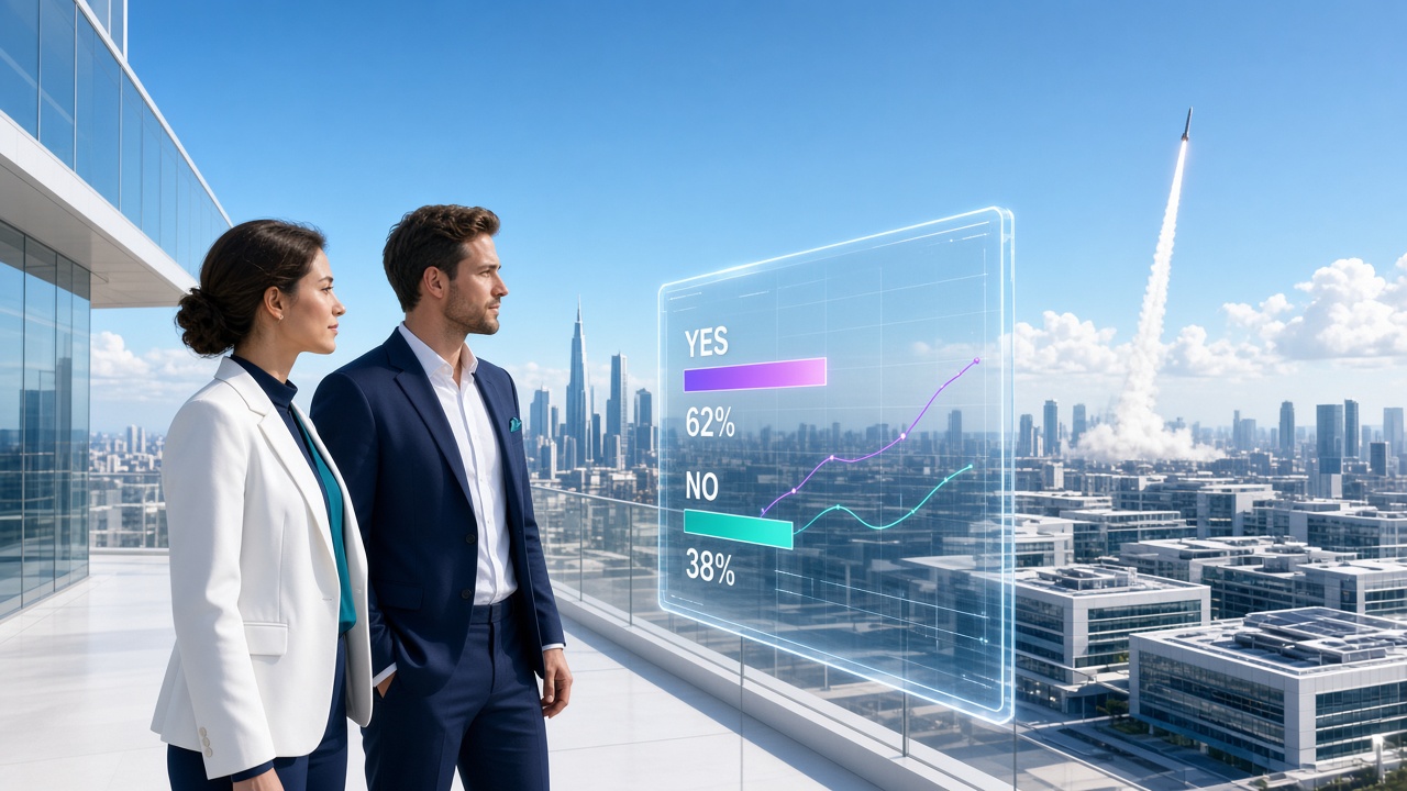 Two professionals on a sunny rooftop viewing a holographic YES and NO prediction market display over a futuristic city