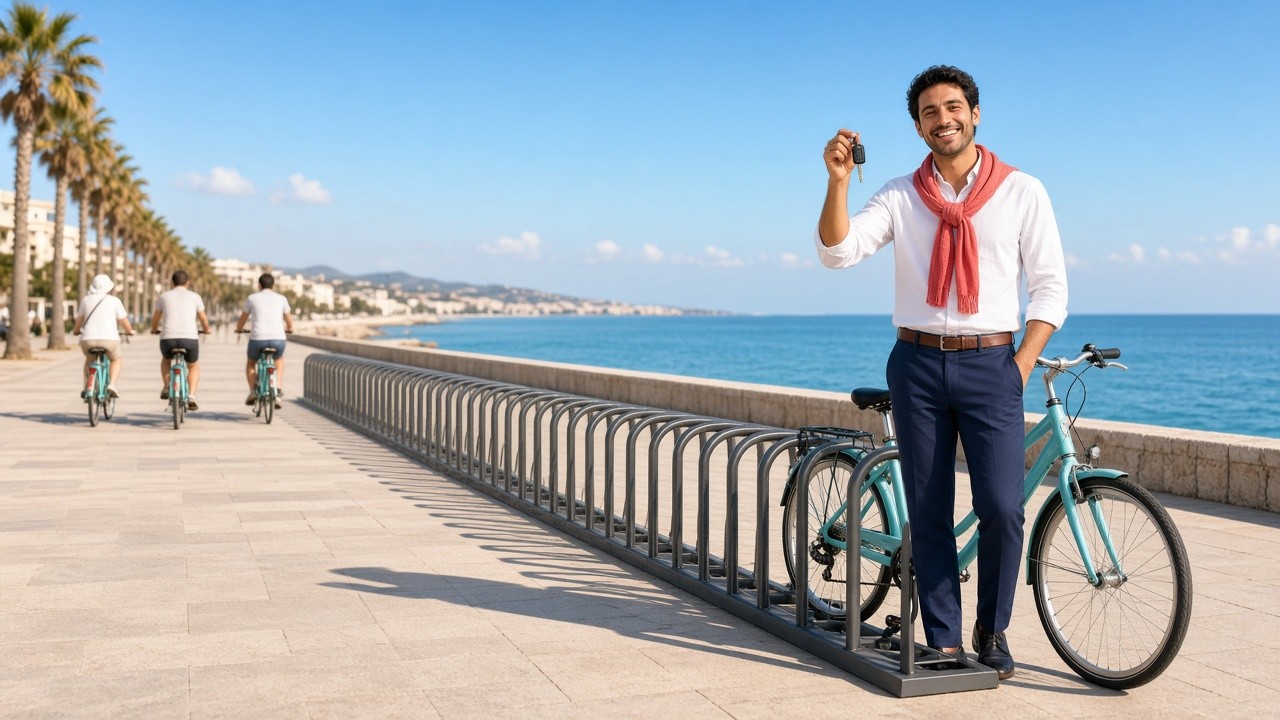 Smiling attendant holds the key to the last bike in a nearly empty bike-hire rack on a sunny seaside promenade