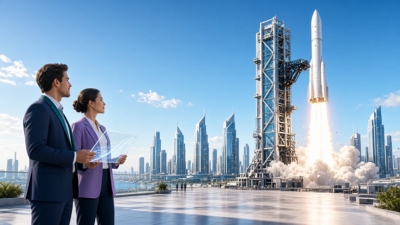 Rocket launching beside a glass tower over a sunny city skyline as two professionals watch