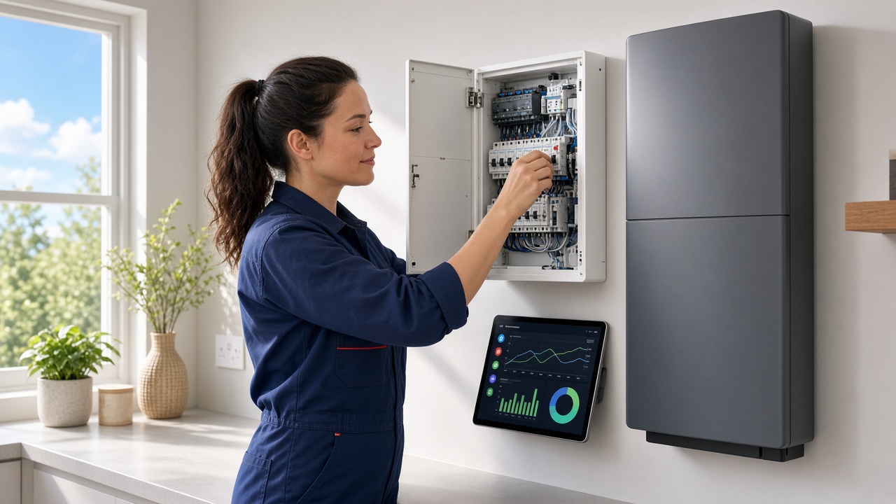 Electrician fitting a smart consumer unit beside a home battery