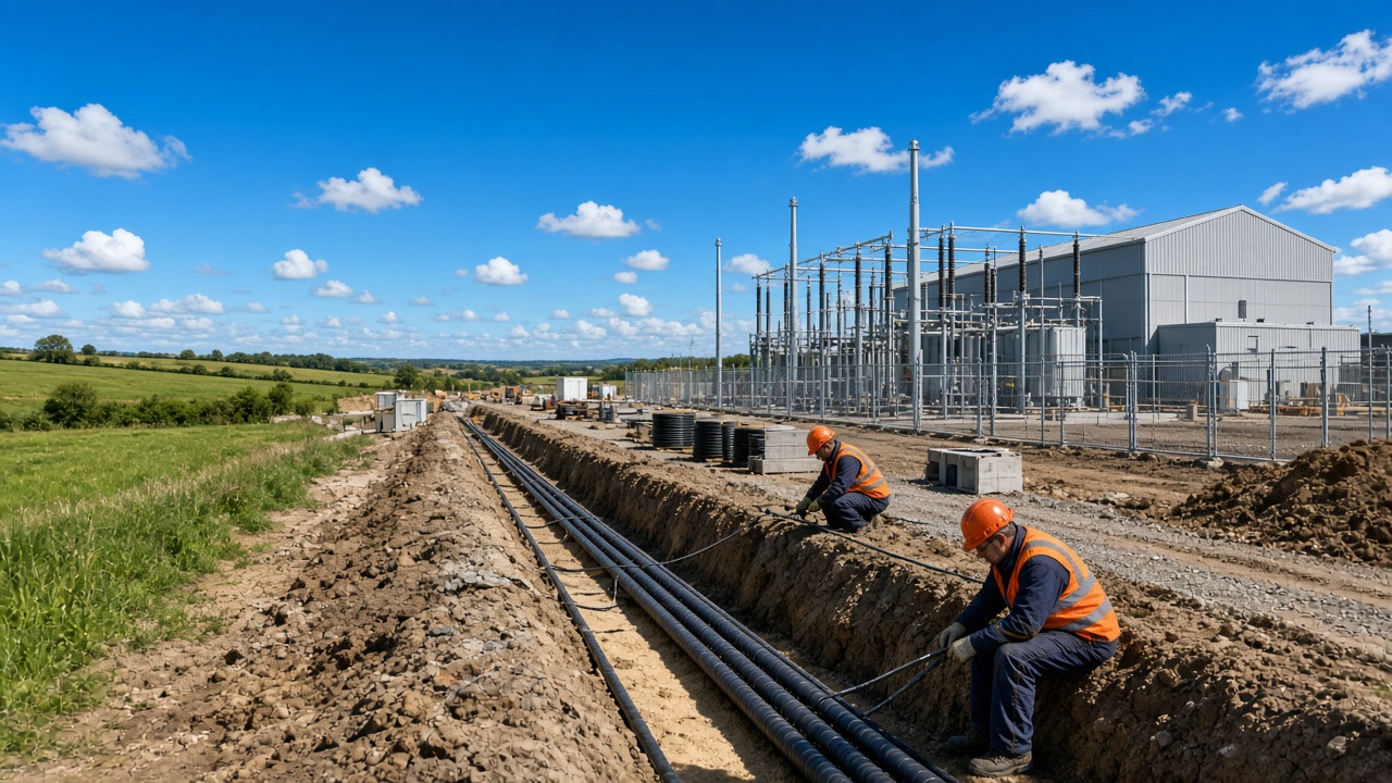 HV cables laid in a trench toward a new UK grid substation