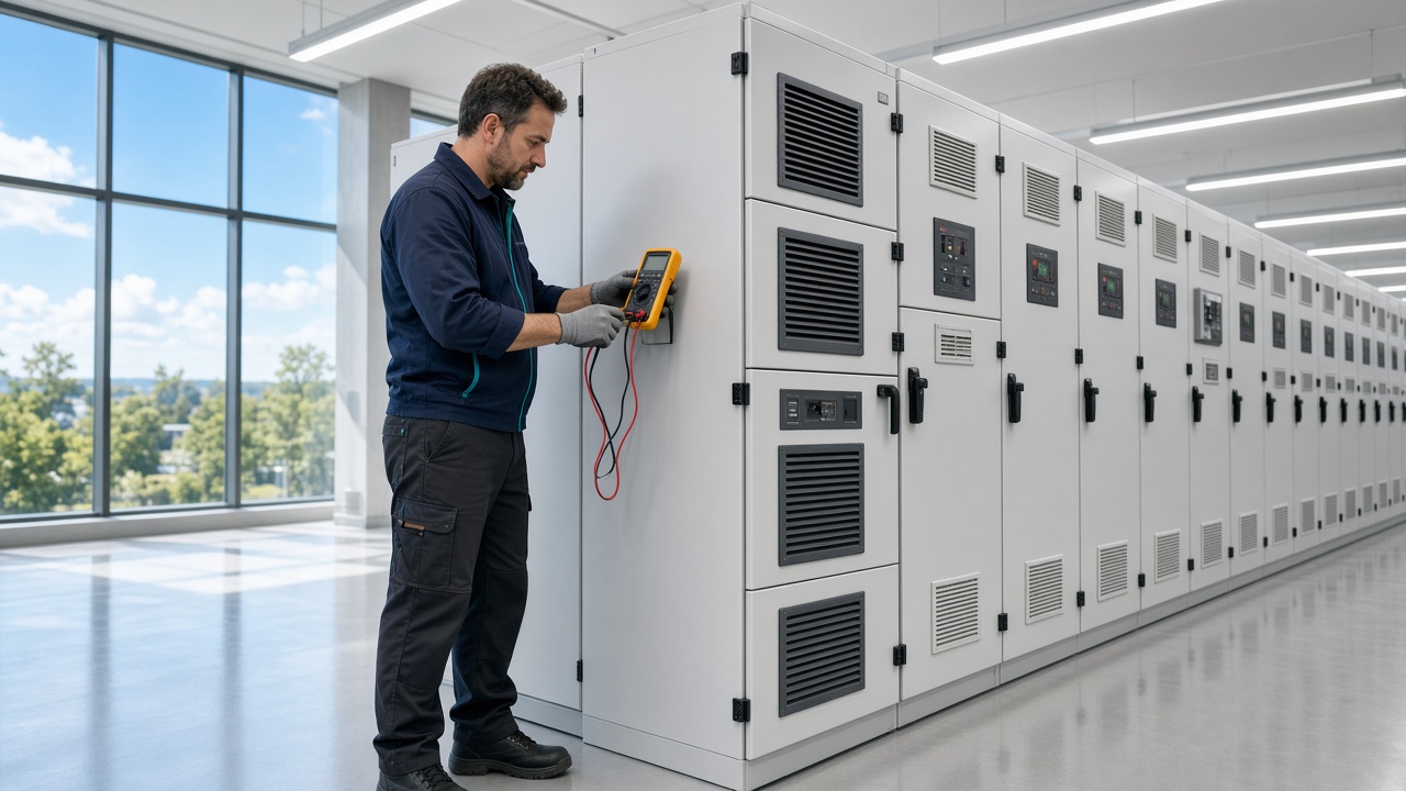 Electrician testing a switchboard with a multimeter in a bright data centre electrical room