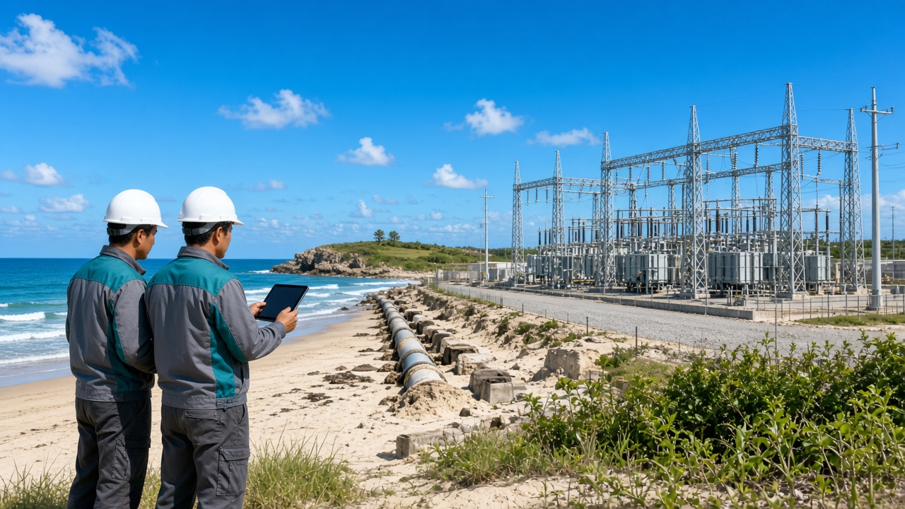 HV engineers at an offshore wind cable landfall and onshore substation