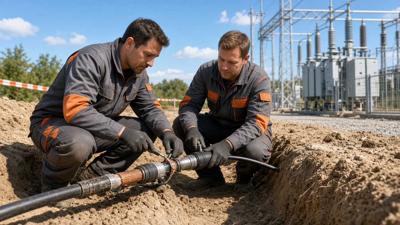 Cable jointers working on high-voltage cable beside a substation