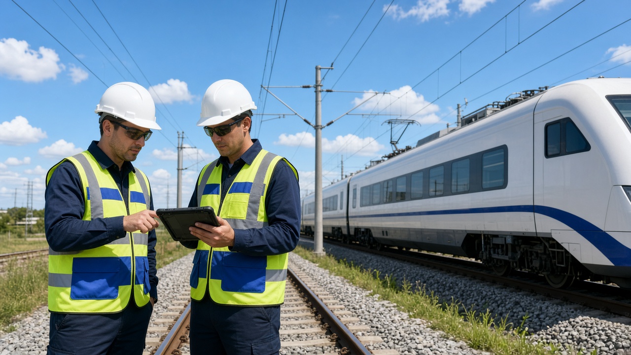 Two rail electrification engineers reviewing a tablet beside an electric train