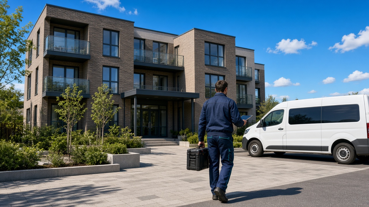 Electrician arriving at a modern social housing block on a sunny day