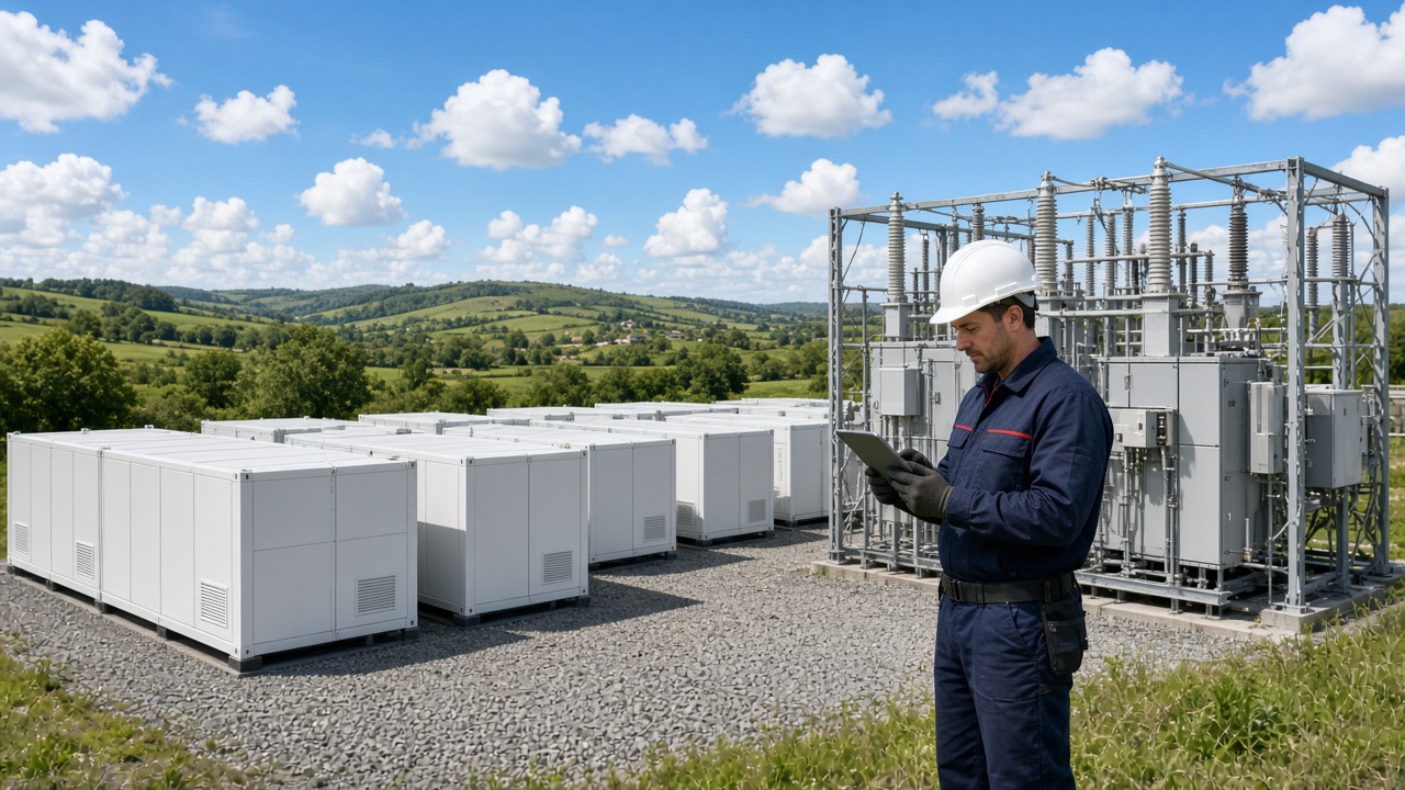 Battery storage containers beside a new substation in green countryside, with an electrician checking a tablet