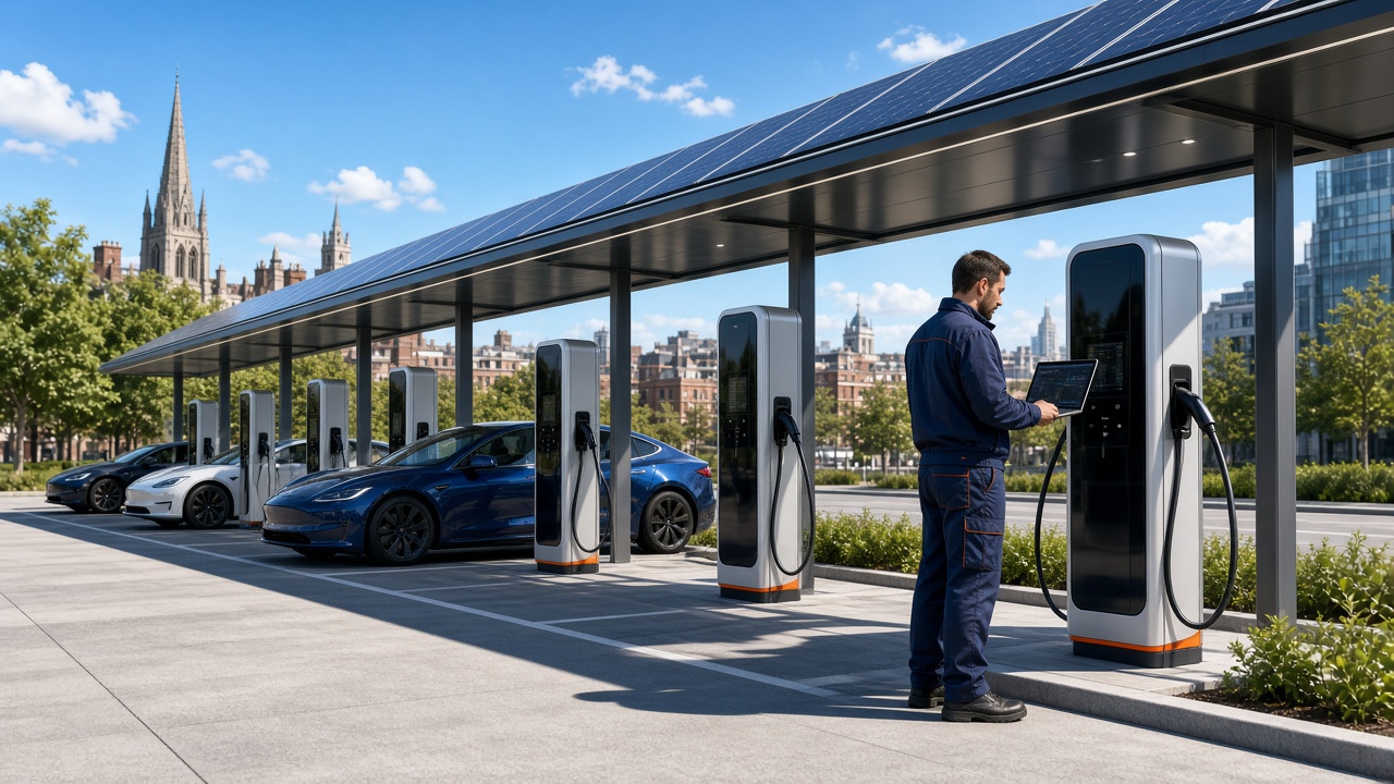 Electrician commissioning a rapid charger at a public EV charging hub under a solar canopy