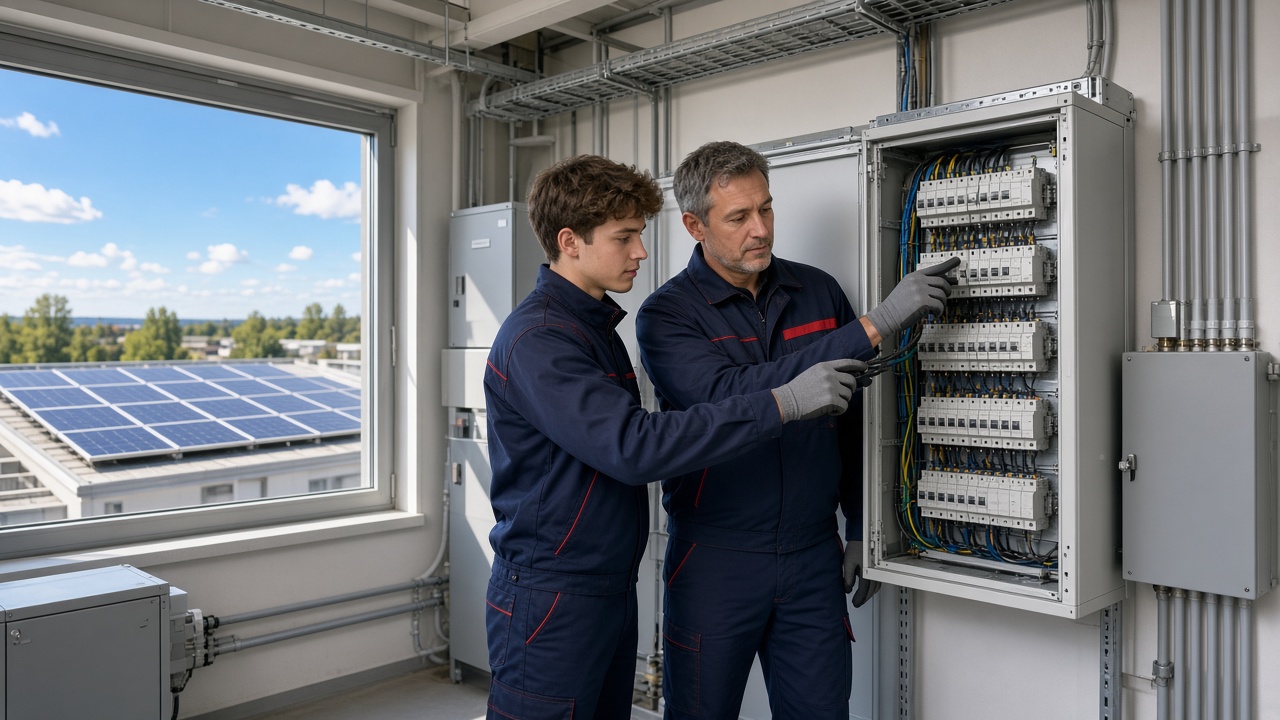 Experienced electrician showing an apprentice a distribution board, with rooftop solar panels visible through the window