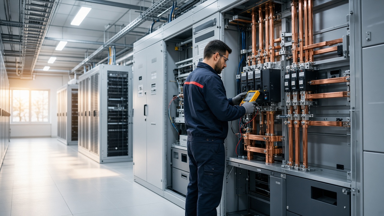 Electrician commissioning power distribution in a data hall