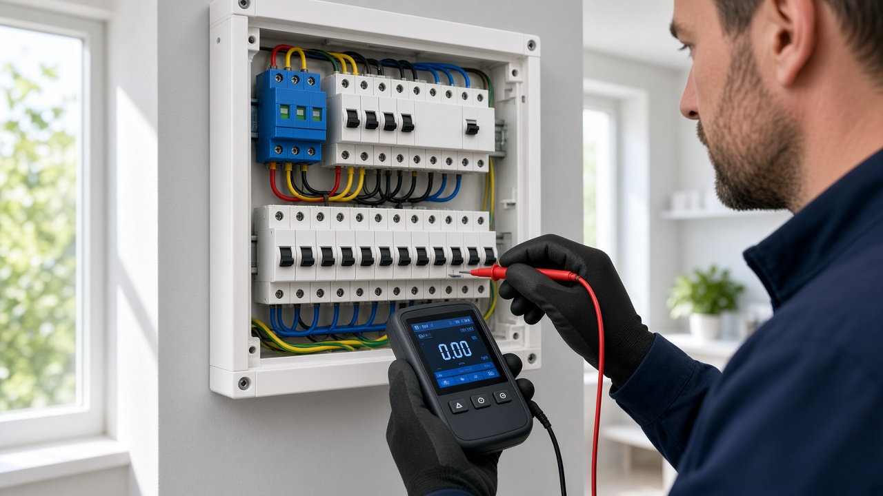 Electrician testing a modern consumer unit with surge protection