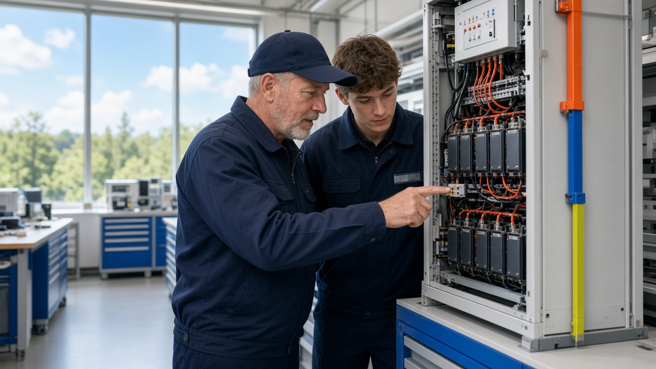 Electrician trainer mentoring an apprentice at a battery training rig