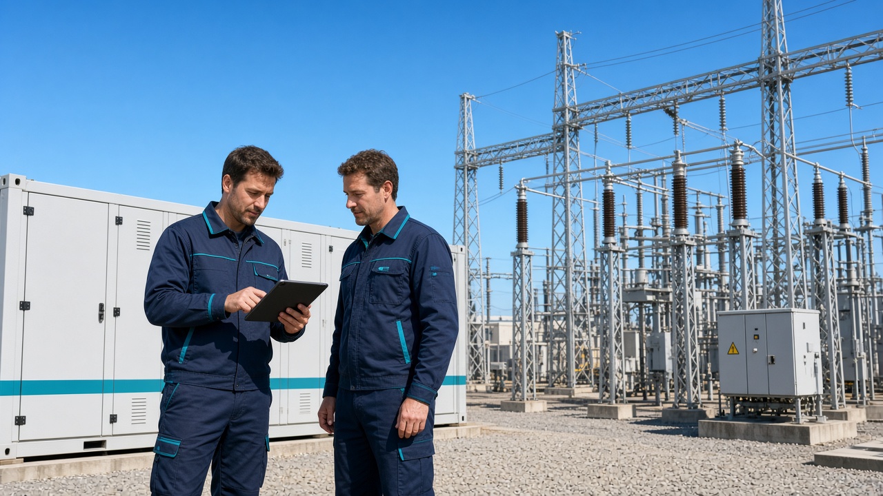 Electricians commissioning a grid-scale battery and HV switchyard under a clear blue sky