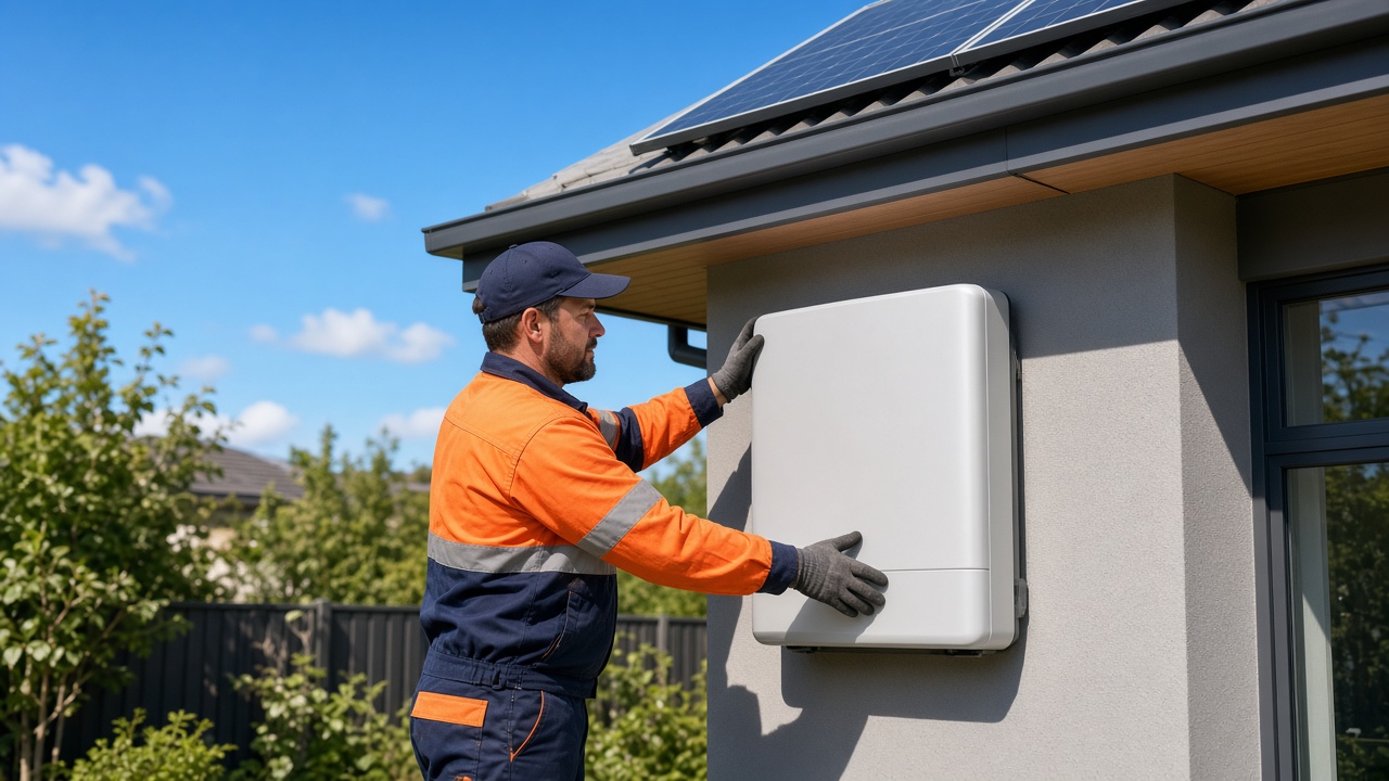 Electrician installing a home battery beneath rooftop solar