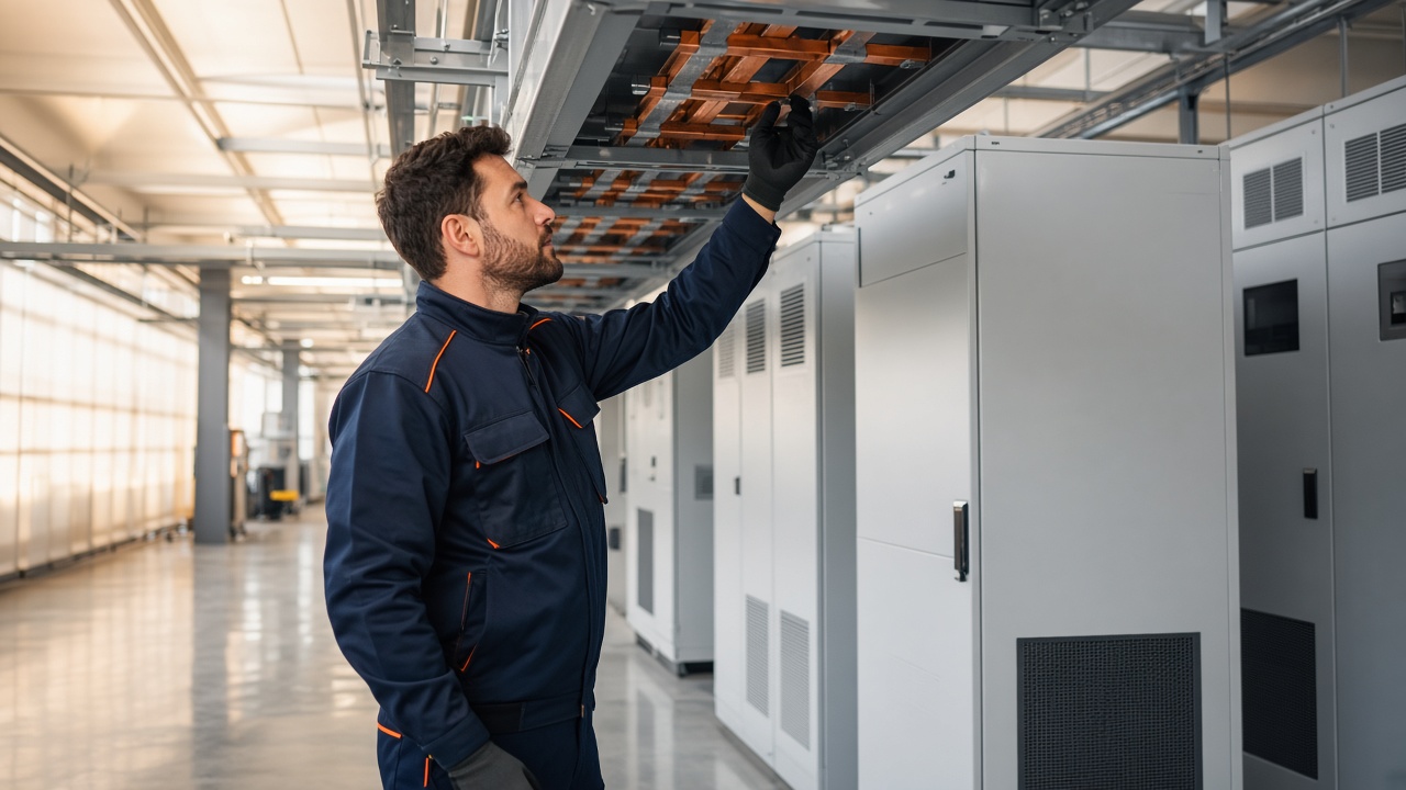 Electrician inspecting busway and UPS systems in a bright modern data hall