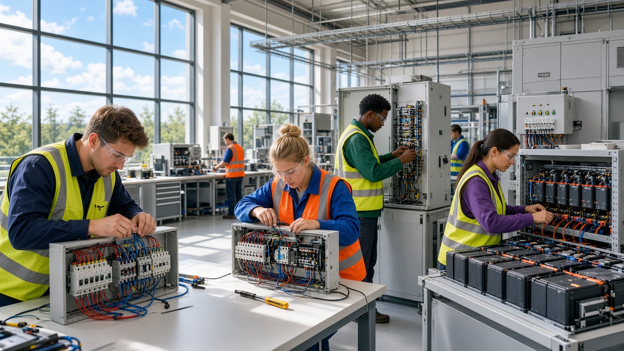 Electrical apprentices wiring control panels and battery storage in a training lab