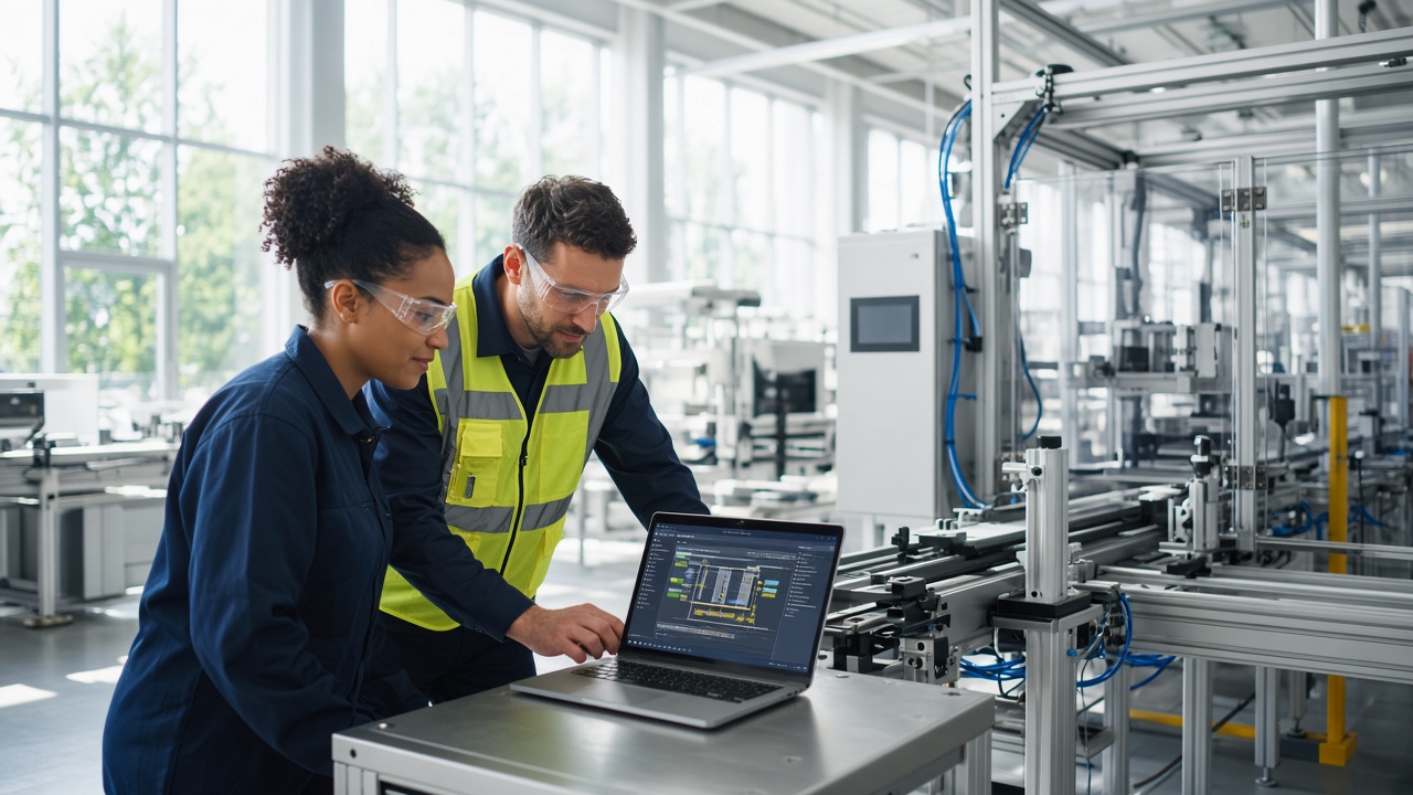 Two industrial electricians reviewing PLC logic beside a production line