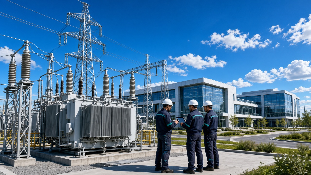 Electrical crew with a tablet at a high-voltage substation beside a modern data center campus