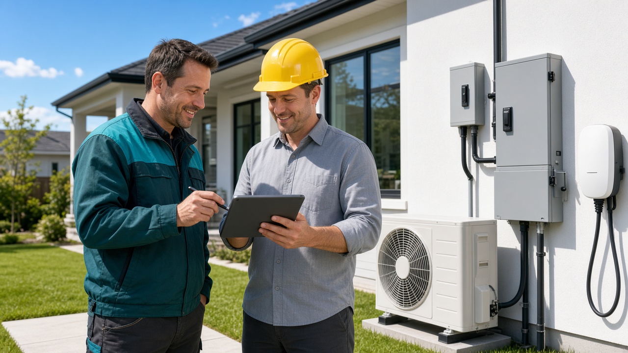 Electrician reviewing code updates on a tablet beside new switchgear at a sunny solar-plus-storage site
