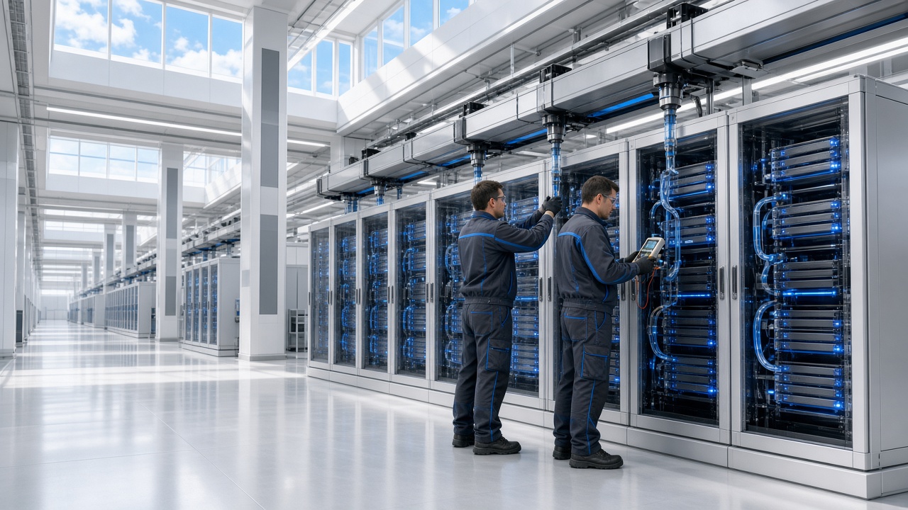 Electricians commissioning 800-volt DC busway in a bright, modern AI data hall