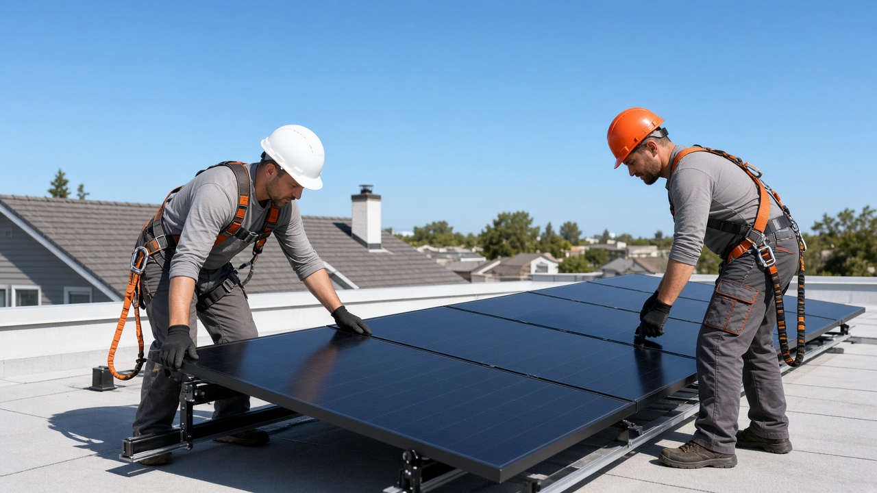 Solar installers in harnesses mounting panels on a sunny suburban rooftop