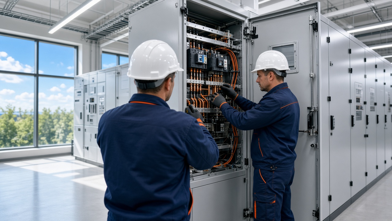 Electricians installing switchgear in a data center electrical room