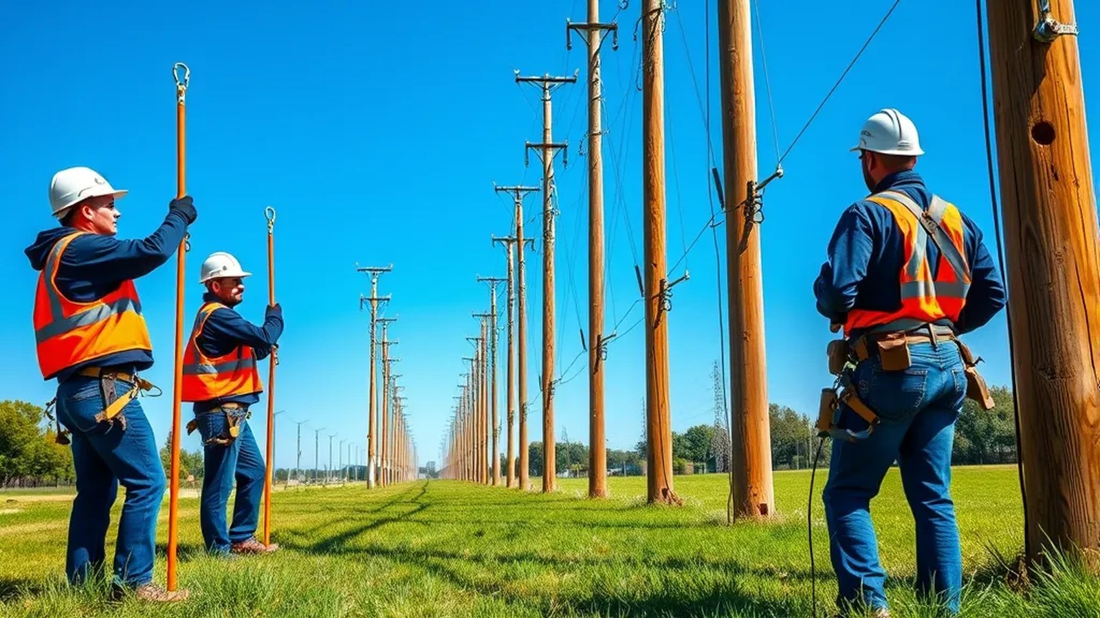 Lineworker trainees with hot sticks at a pole training yard on a sunny day