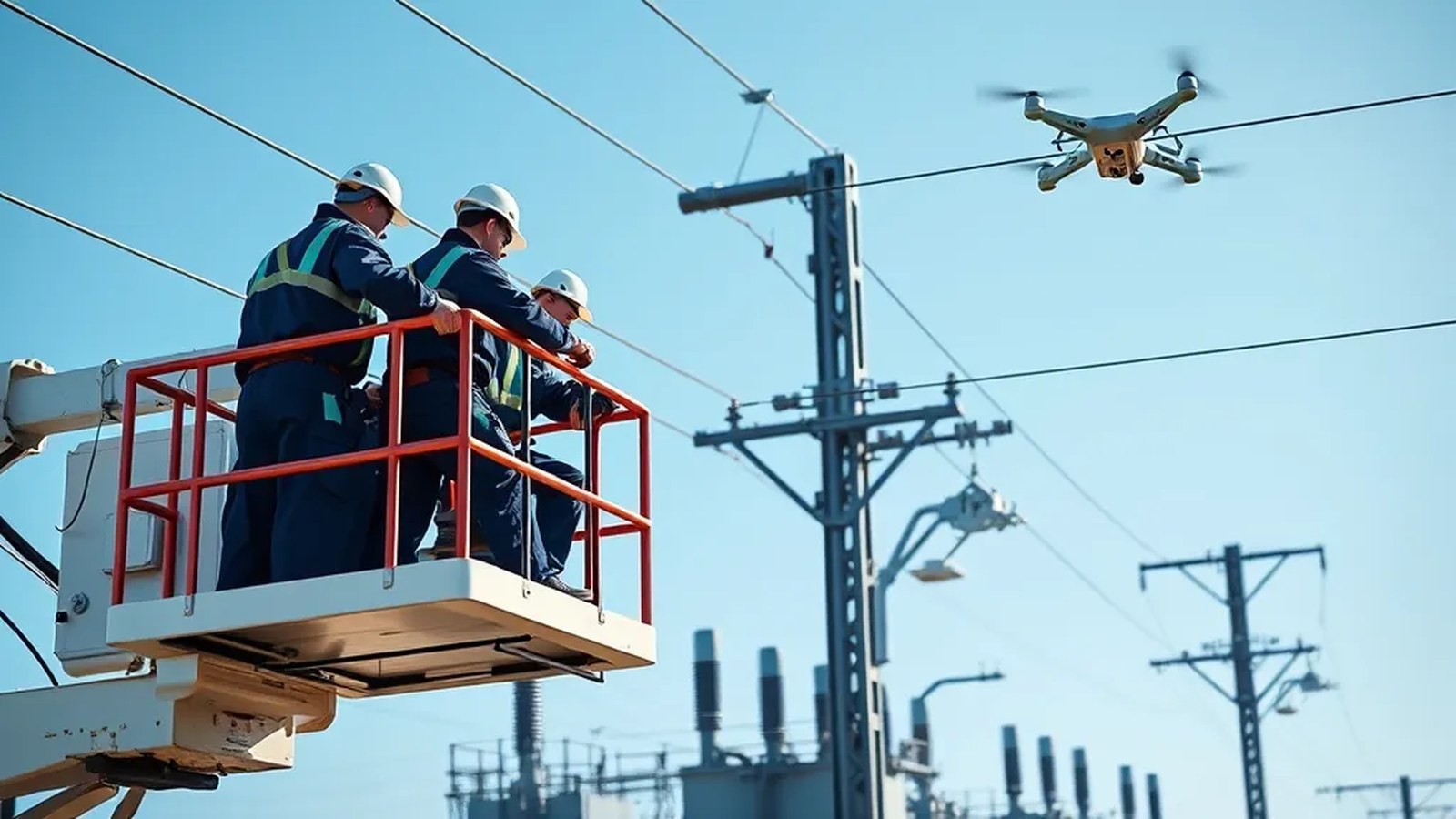 Line crew reconductoring a high-voltage line from a bucket truck with an inspection drone overhead
