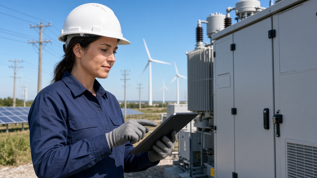 Electrician commissioning grid equipment at a solar-plus-storage site