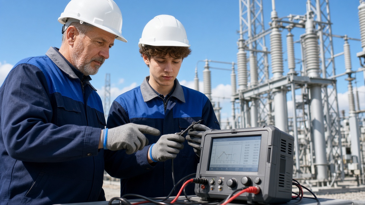Mentor and apprentice testing a protective relay with a relay test set in a substation