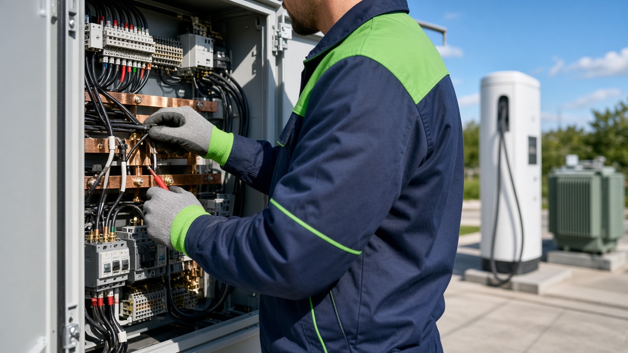 Electrician commissioning a high-power EV fast charger at a modern charging hub under blue skies