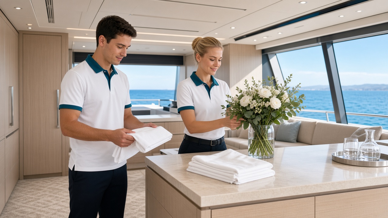 Yacht stewards preparing linens and flowers in a bright superyacht salon
